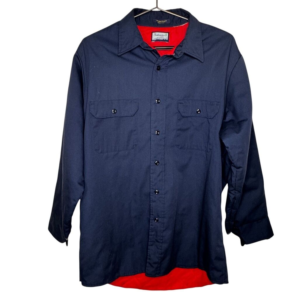 Fieldmaster Navy Blue Work Shirt Jacket Mens Large‎ Red Quilted Lining Vintage
